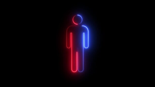 Glowing neon person or people sign animation. Colorful man icon animated on a black background. People animation icon man person male contact animated. 4K video