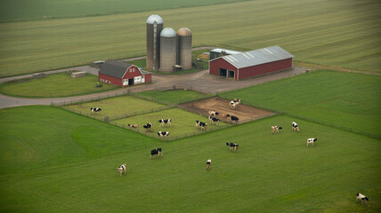 Fototapeta premium Aerial view of a realistic dairy farm with barns silos and cow pastures