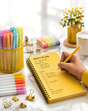 Hand Writing in Yellow Daily Planner with Colorful Markers on White Desk