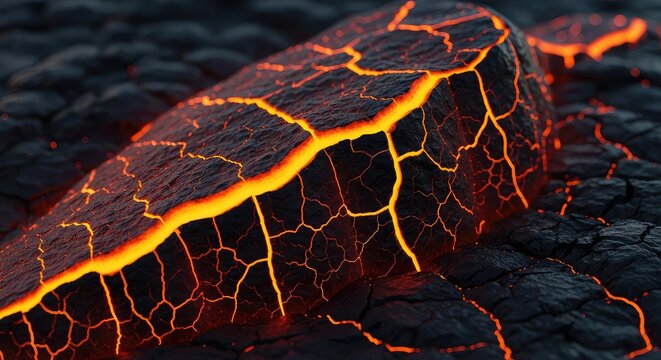 Abstract texture of jagged dark basalt rocks with intense glowing orange cracks, simulating a hot molten lava flow in a volcanic landscape, stone, basalt, heat