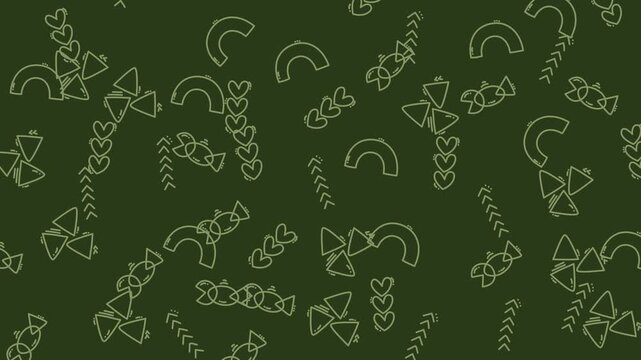 Abstract seamless pattern with hand drawn geometric shapes on a dark green background.