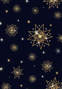 Elegant seamless pattern featuring gold and silver abstract stars scattered across a deep midnight blue background for style, constellation, gold, textile