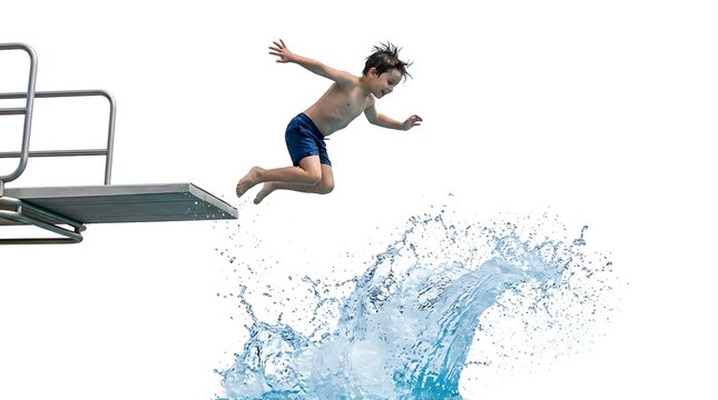 Joyful young boy leaping from diving board into water creating large splash against isolated white background with jumping off metallic him isolated bright