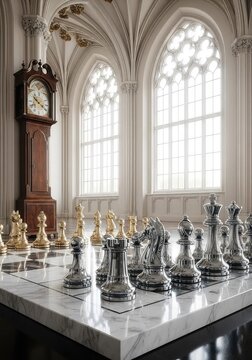 Polished chess pieces stand on a marble board inside a vast hall with high ceilings, featuring a tall antique wooden grandfather clock, shadows, palace, vintage