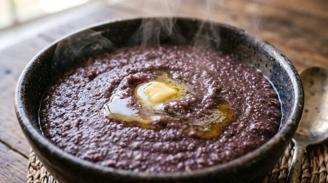 Hearty Bowl of Porridge: A warm, steamy bowl of dark porridge topped with a melting pat of butter, served in a rustic ceramic dish, evoking comfort and a delicious start to the day.