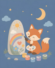 Naklejka premium Niedlicher Fuchs bemalt einen Stein mit Regenbogen, Sonne, Herz und Blumen. Verspielte Illustration mit Pinsel, Farbpalette und bunten Farbtöpfen unter Mond und Sternen.