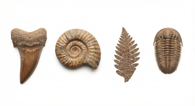 Collection of ancient prehistoric fossils and artifacts isolated
