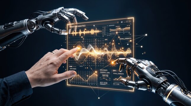Robotic arm and human hand interacting with holographic data screen, artificial intelligence and automation technology concept, future innovation interface