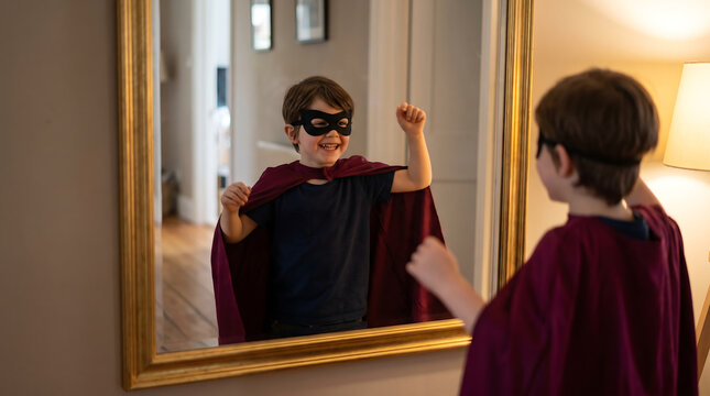 Young boy wearing a black mask and red cape poses confidently in front of a mirror, reflecting excitement and imagination in a cozy home setting