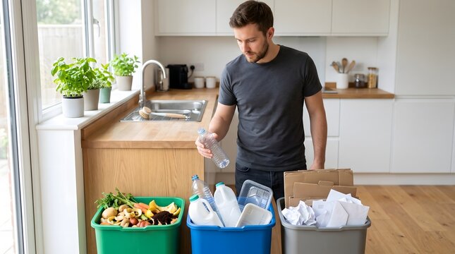 Man sorting household waste into recycling bins in a modern home kitchen environment.