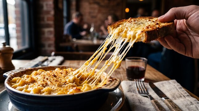 A close-up shot of a hand pulling a piece of toasted bread from a hot, gooey bowl of macaroni and cheese, with long strings of melted cheese stretching out.