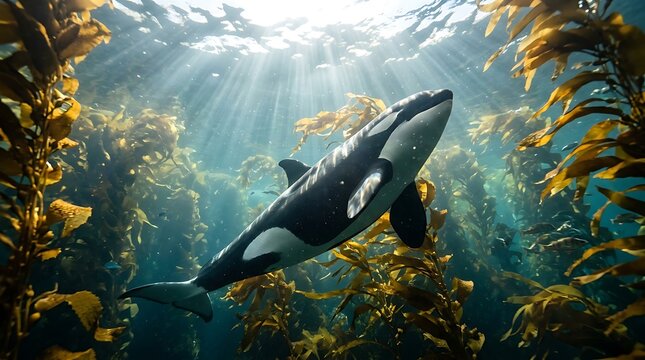 Orca Swimming Through a Sunlit Kelp Forest Underwater