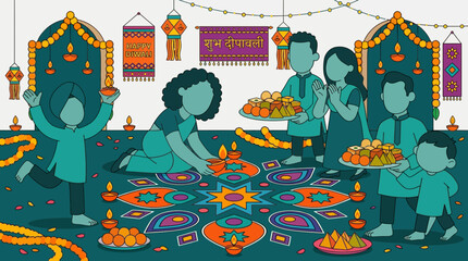 Naklejka premium A large family celebrates Diwali indoors with sparklers, sweets, and rangoli-making, surrounded by festive decorations and string lights.