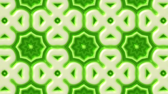 Green kaleidoscope mandala flower seamless background loop. 3D embossed floral motion graphic pattern. Abstract lime ornamental geometric video backdrop.