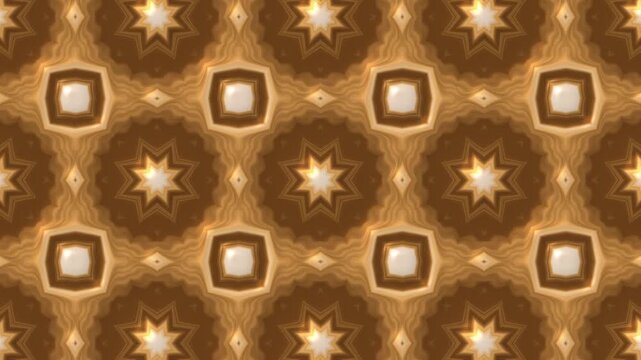 Golden kaleidoscope mandala seamless background loop. 3D embossed gold star geometric motion graphic pattern. Luxury abstract ornament visual backdrop.