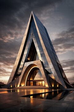 A futuristic spire building, blending ancient architectural forms with reflective glass.