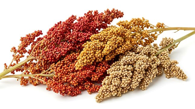 Colorful sorghum grain stalks isolated on white background