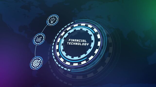 Digital financial technology fintech banking dashboard background with global currency network icons.