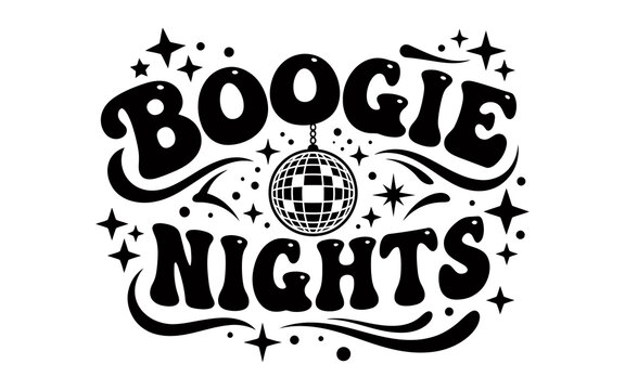 Boogie nights typography design with a disco ball and shiny stars for party event posters and retro graphic art