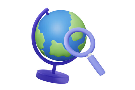 3d earth globe with magnifying glass icon isolated on transparent background for global search exploration geography education world discovery navigation science travel and seo research sign