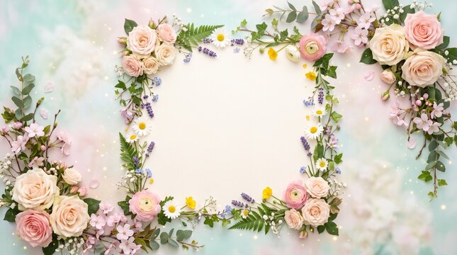 Beautiful spring floral frame with delicate roses and wildflowers, perfect for invitations, cards, or greeting messages