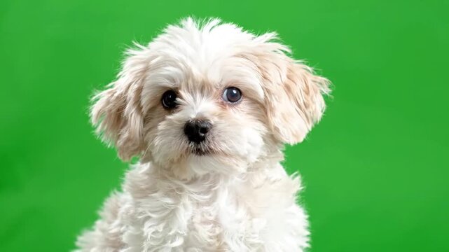 Cute fluffy cream colored puppy reacting with exaggerated adorable surprise, suddenly widening its eyes, puppy green screen
