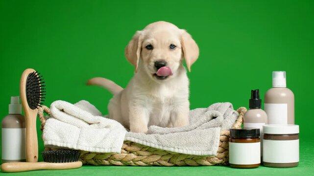 Charming fluffy puppy sitting inside a simple neutral pet basket surrounded by completely generic unbranded pet care accessories, cute puppy green screen