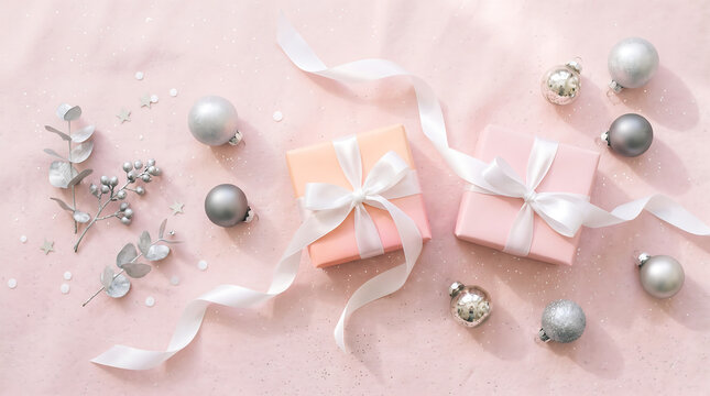 A delicate christmas scene featuring pastel pink gifts silver ornaments and shimmering ribbons for a festive mood