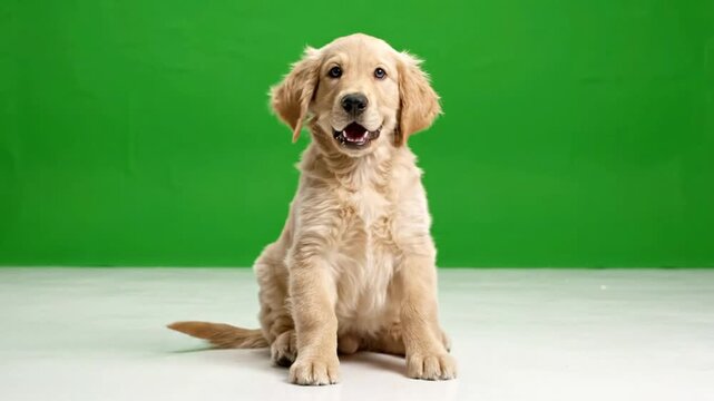 Energetic cute puppy running playfully toward the viewer across a clean studio floor, floppy ears bouncing naturally, cute puppy green screen