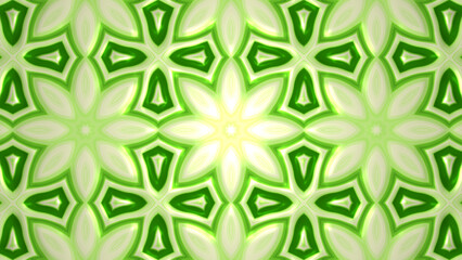 Fototapeta premium Green floral geometric seamless pattern with star flower motif. Glowing lime crystal liquid tile texture backdrop. Elegant optic kaleidoscope ornament wallpaper design.