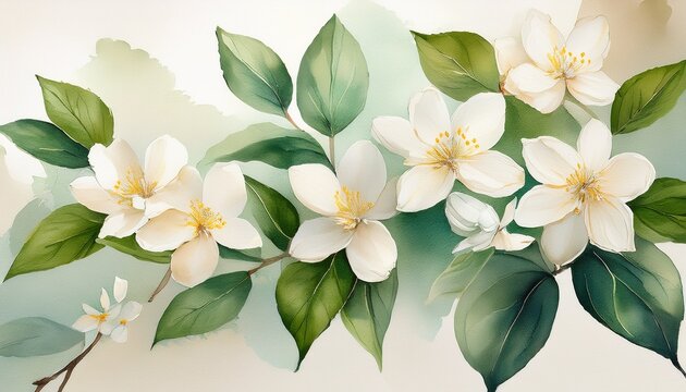 soft jasmine flowers painted in watercolor lightly accented with minimal green leaves arranged in a scattered pattern on a subtle airy background