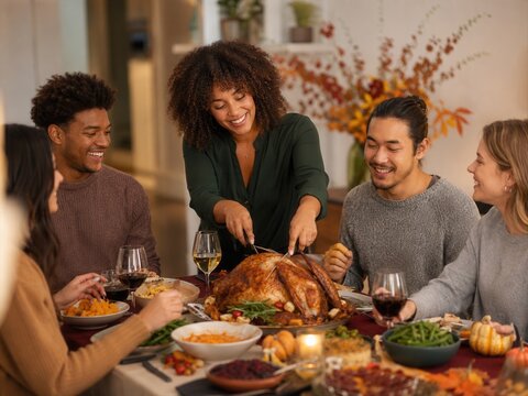 Freunde feiern Thanksgiving gemeinsam und schneiden den gebratenen Truthahn am reich gedeckten Tisch an &ndash; ein warmer Moment voller Gemeinschaft und Dankbarkeit.