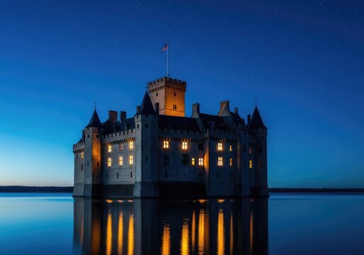 A majestic medieval stone castle stands silhouetted against a deep blue starry sky with glowing windows reflecting on a calm lake below, battlements, palace, fortress