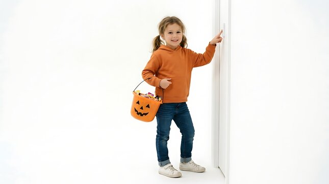 Smiling little girl wearing orange hoodie holding pumpkin basket while pressing doorbell at white door with plastic pumpkin container against white background