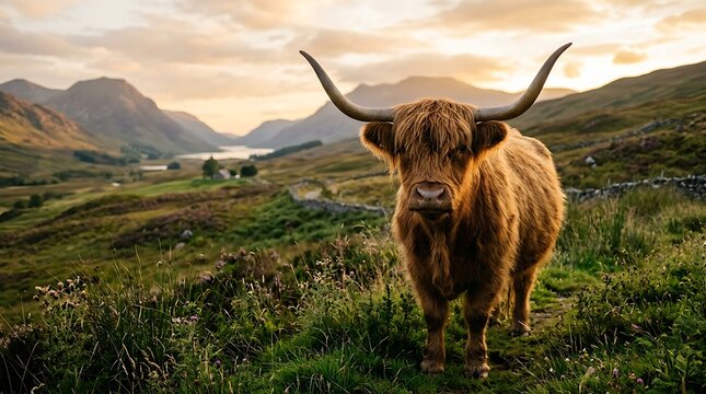 Highland Cow in the Scottish Highlands Landscape at Sunset