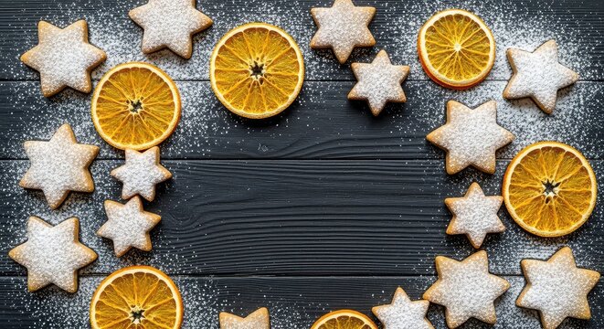 A top view frame of star-shaped gingerbread cookies and dried orange slices dusted with sugar on dark rustic wood with central copy space, festive, table, top view