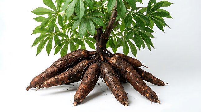 Fresh raw cassava roots with green leaves isolated on white background