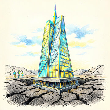 Skyscraper on earthquake foundation above cracked ground.