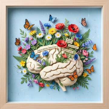 Floral brain sculpture representing mental health and wellness.