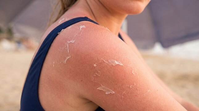A close-up of a person's severely sunburned and peeling shoulder and arm, showing red skin and flaking after sun exposure.
