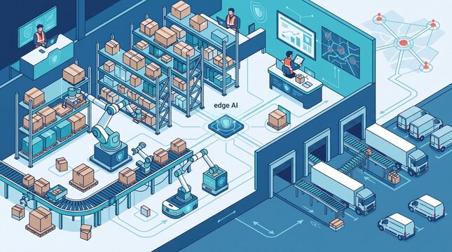Isometric smart warehouse with automated robots and conveyor belts for logistics and distribution