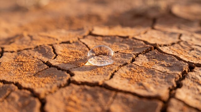 A single clear water droplet resting on dry, cracked reddish-brown earth, symbolizing drought and scarcity.