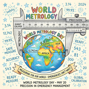 World Metrology Day poster with globe and scientific tools.