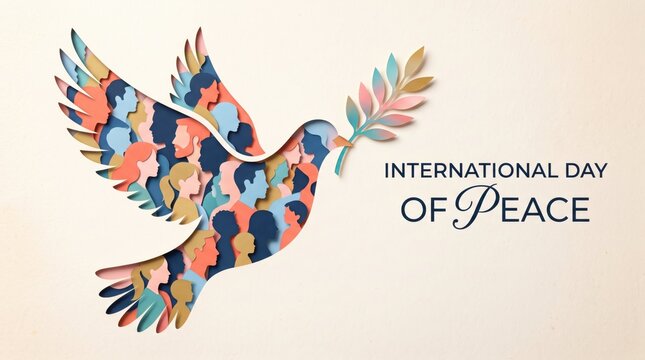 Paper cut dove silhouette filled with diverse human profiles celebrating the international day of peace with soft pastel gradient colors