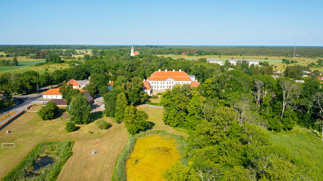 Aerial photo from a drone to Suuremoisa baroque manor ensemble in Estonia.  Hiiumaa, Estonia, baltic.