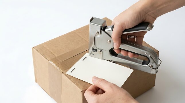 Person using metal staple gun attaching paper label onto brown cardboard shipping box surface with securely attach blank using heavy duty professional