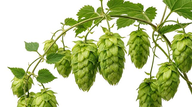 Fresh green hop cones on vine branch isolated on white background