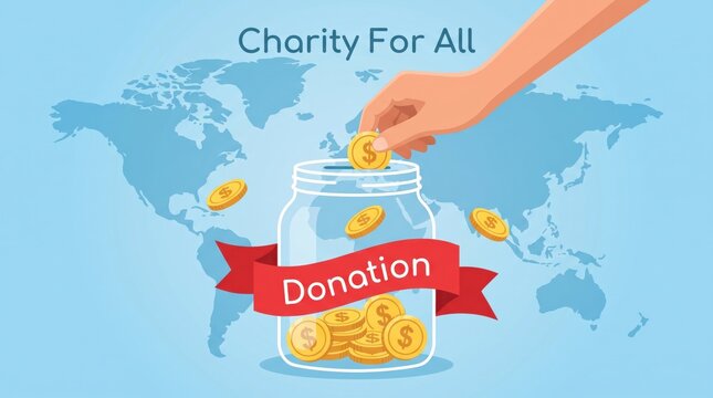 Hand placing golden coin into transparent glass jar for charity donation with world map illustration in soft blue background colors