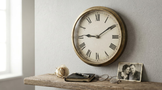Vintage brass wall clock hanging above a rustic wooden shelf with nostalgic memories and personal items