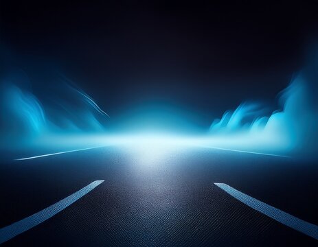 abstract minimalist black background with soft blue light fog and dark night asphalt
